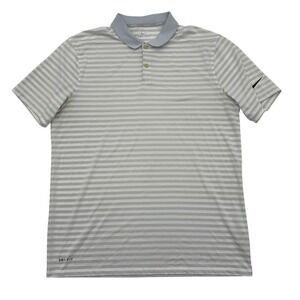 Nike Golf Dri-FIT Mens Large Striped Polo Shirt Grey And White Short Sleeve